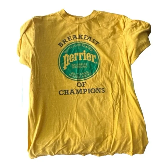 Vintage Perrier Yellow Graphic T-Shirt with Green Logo Size Large 80’s - Picture 2 of 4